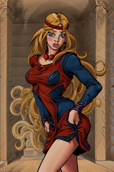 (anime), (illustration), cartoon, detailed, alyonushka, 1girl, solo, long hair, blue eyes, blonde hair, jewelry,  necklace,  lips, red headband, parody, blush stickers, freckles,  standing, hands of hip, portrait,
(( balenciaga )), illustration, lineart, bold coloring, masterpiece, manga art, best quality, scan, color tones, illustration, anime, simple coloring, jojo:0.9 <lora:arakistyle:0.9>  
 <lora:alyonushka:0.55>