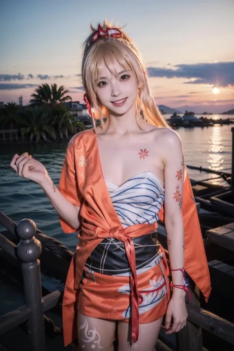 yoimiya, chest tattoo, light smile, aerial fireworks, orange kimono, full body,   <lora:InstantPhotoX3:0.3> <lora:yoimiya_20230707210443-000008:1> beach, summer evening, seaside, leg armor, (ultra highres,masterpiece, best quality, high quality, high res, ultra-detailed,  photo-realistic, small waist, perfect face, No flaws, HD, High resolution, beautiful woman,realistic lighting,light and shadow)