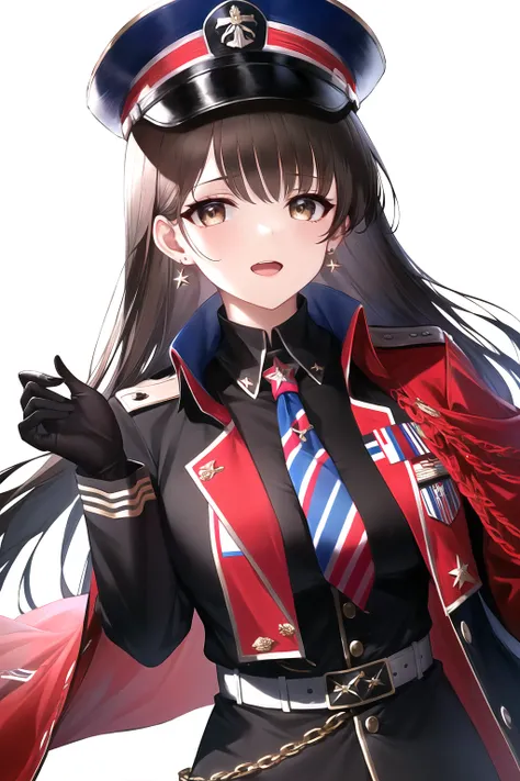 an yasuri, 1girl, absurdres, bangs, banned artist, brown eyes, brown hair, coat, diesel \(nikke\), earrings, gloves, goddess of victory: nikke, hat, highres, jewelry, long hair, long sleeves, looking at viewer, military, military hat, military uniform, necktie, open mouth, solo, uniform, white background, white gloves, ((masterpiece)) <lora:an_yasuri_offset:1>