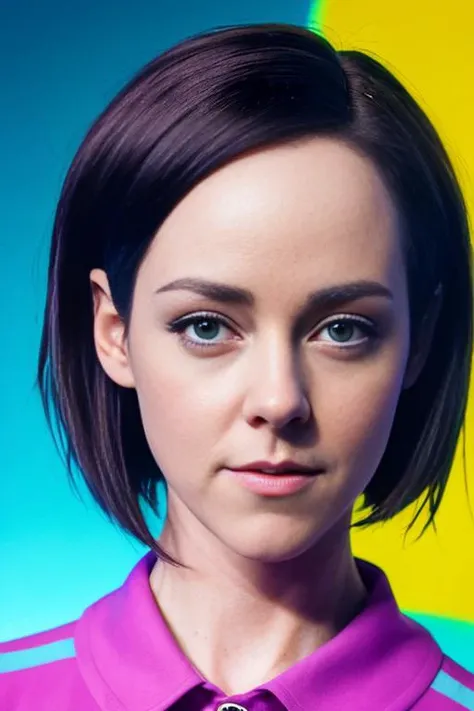 closeup portrait photo of attractive j3n4m410n3 with straight bob cut hair wearing 1980s vaporwave outfit, studio lighting and makeup, skin texture