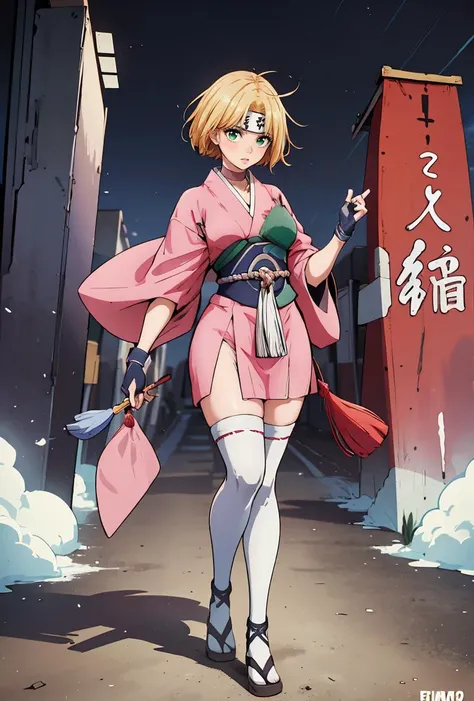 (masterpiece, best quality), 1girl, <lora:TomoeMajo:0.8> TomoeMajo, 1girl, solo, short hair, blonde hair, white thighhighs, gloves, green eyes, japanese clothes, choker, fingerless gloves, kimono, armor, sash, headband, short kimono