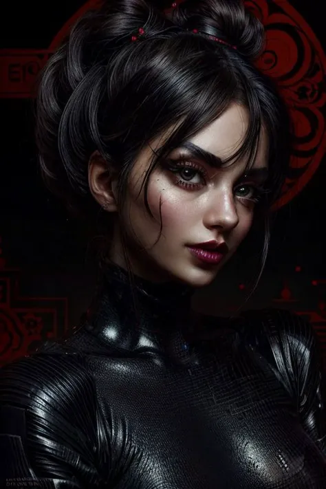 masterpiece, best quality, 1 girl, solo, detailed eyes, rokao, samurai jack, Ashi, black eyes, black hair, black body painting, tight bodysuit, look at viewer, medium breasts, painted clothes, black street with red lanterns in the background , lush eyebrows, bangs,