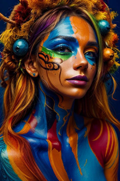 (Visionary artist, human-canvas fusion:1, body painted with strokes of experiences, eyes capturing colors of emotion, creating masterpieces in galleries of human expression.)