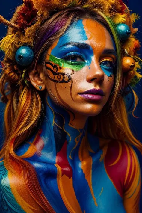 A stunning 19 year old American girl (brunette) ((())), (((standing))) outside house, (((colorful body paint all over body))), ((hiding)), (((hands between legs))), (((hands covering body))), shy, embarrassed, full body shot, (((perfect legs))), exposed, ((face blushing)), ((worried)), (((perfect hands))