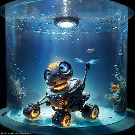 sci-fi style, hyperrealistic photo of a wall-e running (walle), a goldfish made of ral-ledlights swimming in a round aquarium in a Swiss Alps, Switzerland, 4k, UHD, masterpiece, futuristic, technological, space themes, advanced civilizations<lora:walle:1.0>