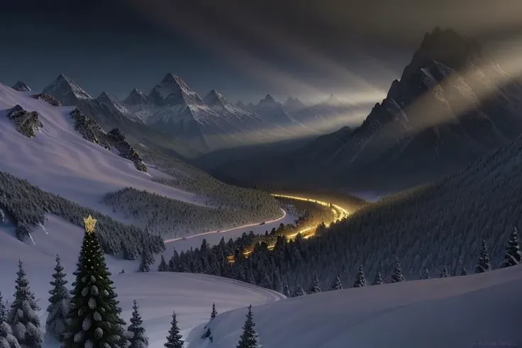 Highly detailed Photo of small couatl, personable the vale of shadows: a dark and foreboding valley where no sunlight ever penetrates, ambient occlusion lighting, one single goldeen light ray spreads the mood of christmas into the world, viewpoint, 4k