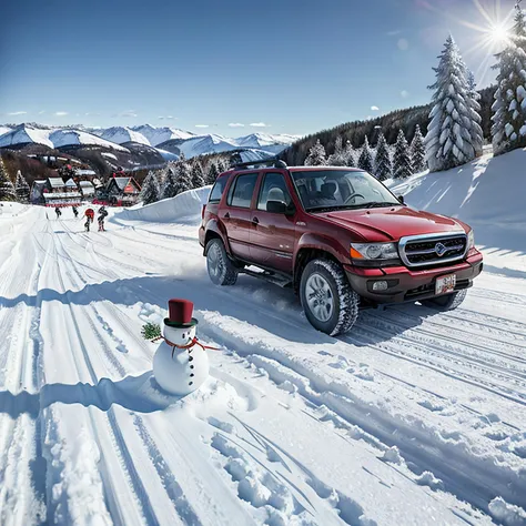 automotive advertisement style, RAW photo of Snowman ski race at down hill, HDRI, slut makeup hill in christmas landscape.Snow background.Winter, supporters holding banner saying "Merry christmas"., sleek, dynamic, professional, commercial, vehicle-focused, high-resolution, highly detailed