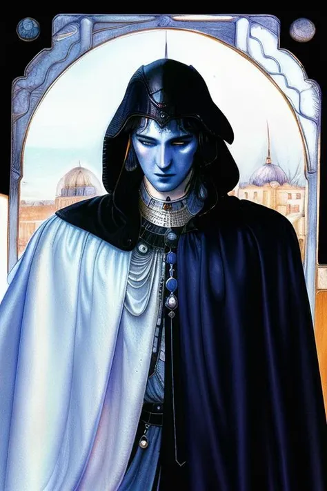 young man, black hair, (shining white cloak:1.2), blue officer uniform, antique office space in the background, twilight outside, giant red sun, <lora:YOSHITAKA AMANO Style:0.8> amano drawing, detailed skin texture, (blush:0.2), (goosebumps:0.3), subsurface scattering