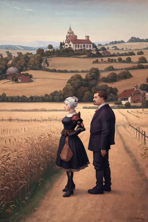 (<lora:Dur3r:1>, Dur3r, a Dur3r man and woman in the foreground wearing clothing from the renaissance:1),((and there is a Stalenh4g style surreal cartoon character robot in the background:1),<lora:Stalenh4g:1>),and a rural farm house to one side in the background,high quality,masterpiece,Dur3r style painting,