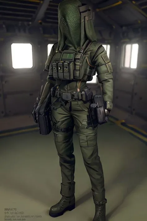 1girl, Nokk, millitary, specjal force, uniform, green , mask, covered face, detailed, intricate details, perfect quality, best quality, masterpiece, realistic, photorealisitc , full body shoot, cowboy shoot , bokeh, realistic lights, profesional photo, 8k, detailed skin, military boots, standing, posing, dark chamber, aiming