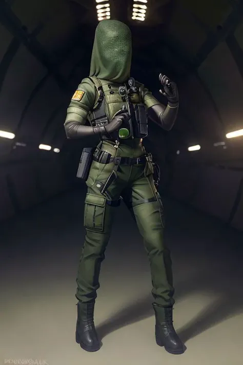 1girl, Nokk, millitary, specjal force, uniform, green , mask, covered face, detailed, intricate details, perfect quality, best quality, masterpiece, realistic, photorealisitc , full body shoot, cowboy shoot , bokeh, realistic lights, profesional photo, 8k, detailed skin, military boots, standing, posing, dark chamber, aiming