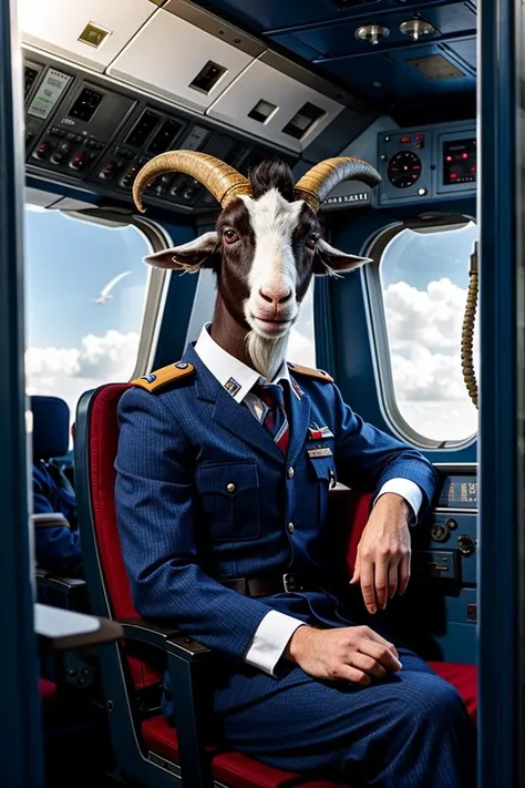 an imaginative and homorous image where a wise looking goat dressed as a pilot is sitting in a airplane cabin