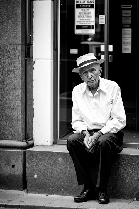 How do you feel about capturing an elderly man in contemplation in the heart of the city in black and white street art photography