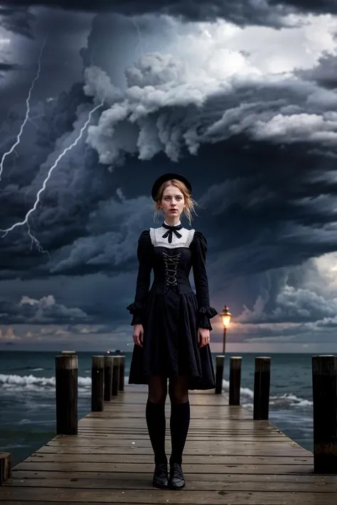 young Victorian woman dressed as a a shabby very poor begger. She is on a pier with the pier aligned from bottom left to top right. Storm clouds. Photo realism. Gothic atmosphere to imgage