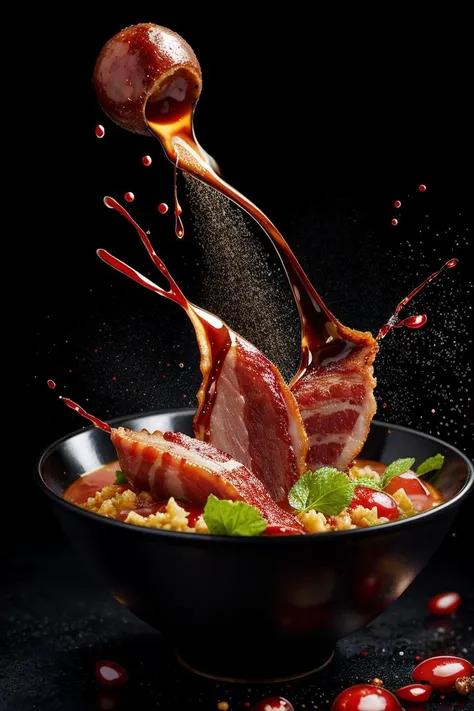 (bacon, grilled meat), blood splashing into a bowl of soy sauce, explosion, 4k hd wallpapear, gems and diamonds wet, curry and wasabi sauce particles, liquid splashes, black background photorealistic, beautiful uhd 4k art, realistic wine splashing, dripping paints