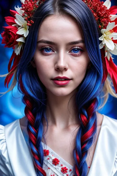 (dynamic pose:1.2),(dynamic camera),(incredible crazy art:1.3),Slavic smiling young woman,long blonde hair,full lips,(posing for magazine cover),(masterpiece, top quality, best quality, official art, beautiful and aesthetic:1.2), extreme detailed,(clothes, a red and white stitch pattern art),(colorful
blue flowers background),highest detailed, (natural colors, correct white balance, color correction, dehaze,clarity), in the style of intimacy, dreamscape portraiture, solarization, shiny kitsch pop art, solarization effect, reflections and mirroring, photobash