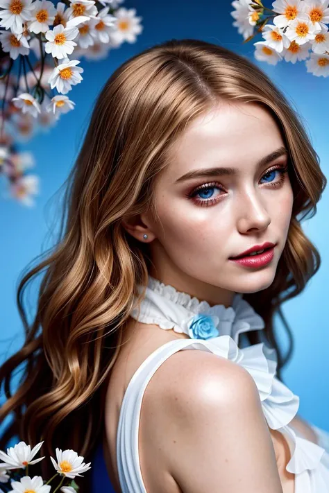(dynamic pose:1.2),(dynamic camera),(incredible crazy art:1.3),Slavic smiling  young woman,long blonde hair,full lips,(posing for magazine cover),(masterpiece, top quality, best quality, official art, beautiful and aesthetic:1.2), extreme detailed,(clothes, a red and white stitch pattern art),(colorful 
 blue flowers background),highest detailed, (natural colors, correct white balance, color correction, dehaze,clarity), in the style of intimacy, dreamscape portraiture,  solarization, shiny kitsch pop art, solarization effect, reflections and mirroring, photobash
