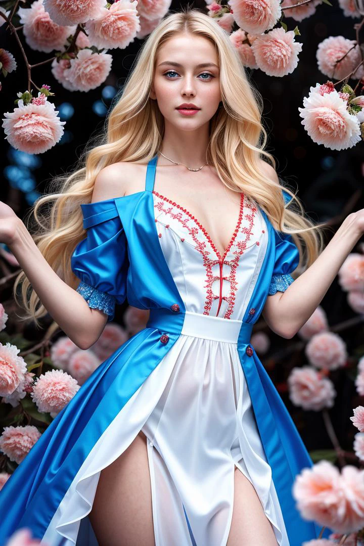 (dynamic pose:1.2),(dynamic camera),(incredible crazy art:1.3),Slavic smiling young woman,long blonde hair,full lips,(posing for magazine cover),(masterpiece, top quality, best quality, official art, beautiful and aesthetic:1.2), extreme detailed,(clothes, a red and white stitch pattern art),(colorful
blue flowers background),highest detailed, (natural colors, correct white balance, color correction, dehaze,clarity), in the style of intimacy, dreamscape portraiture, solarization, shiny kitsch pop art, solarization effect, reflections and mirroring, photobash