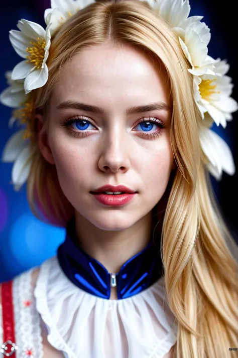 (dynamic pose:1.2),(dynamic camera),(incredible crazy art:1.3),Slavic smiling  young woman,long blonde hair,full lips,(posing for magazine cover),(masterpiece, top quality, best quality, official art, beautiful and aesthetic:1.2), extreme detailed,(clothes, a red and white stitch pattern art),(colorful 
 blue flowers background),highest detailed, (natural colors, correct white balance, color correction, dehaze,clarity), in the style of intimacy, dreamscape portraiture,  solarization, shiny kitsch pop art, solarization effect, reflections and mirroring, photobash