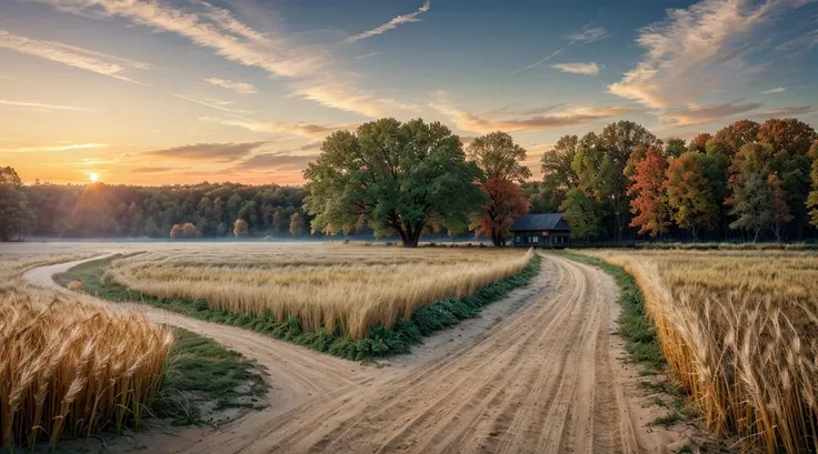 (analog photo:1.2),((sunrise:1.2),autumn landscape,sand path, big oak,small lake,(clouds sky hdr:1.3),(wheat field),(wooden fence),old village on hill,foggy,(masterpiece, top quality, best quality, official art,extreme detailed,highest detailed), (natural colors, correct white balance, color correction, dehaze,clarity)),(midnight hour, high quality, film grain), (natural colors, correct white balance, color correction, dehaze,clarity)