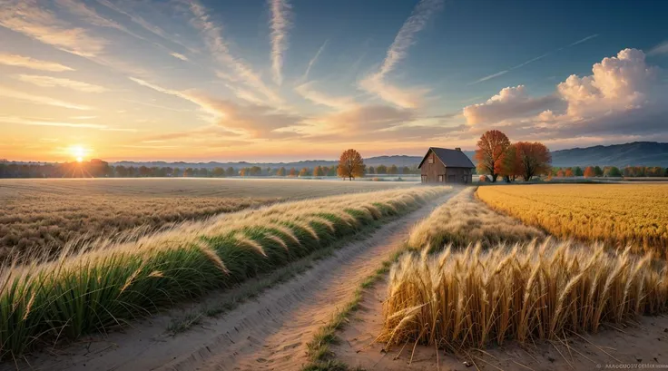 (analog photo:1.2),((sunrise:1.2),autumn landscape,sand path, big oak,small lake,(clouds sky hdr:1.3),(wheat field),(wooden fence),old village on hill,foggy,(masterpiece, top quality, best quality, official art,extreme detailed,highest detailed), (natural colors, correct white balance, color correction, dehaze,clarity)),(midnight hour, high quality, film grain), (natural colors, correct white balance, color correction, dehaze,clarity)
