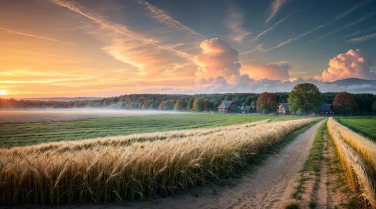 (analog photo:1.2),((sunrise:1.2),autumn landscape,sand path, big oak,small lake,(clouds sky hdr:1.3),(wheat field),(wooden fence),old village on hill,foggy,(masterpiece, top quality, best quality, official art,extreme detailed,highest detailed), (natural colors, correct white balance, color correction, dehaze,clarity)),(midnight hour, high quality, film grain), (natural colors, correct white balance, color correction, dehaze,clarity)