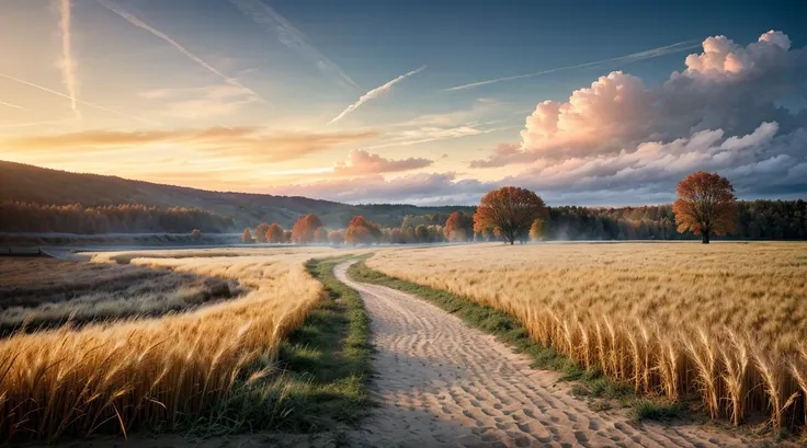 (analog photo:1.2),((sunrise:1.2),autumn landscape,sand path, big oak,small lake,(clouds sky hdr:1.3),(wheat field),(wooden fence),old village on hill,foggy,(masterpiece, top quality, best quality, official art,extreme detailed,highest detailed), (natural colors, correct white balance, color correction, dehaze,clarity)),(midnight hour, high quality, film grain), (natural colors, correct white balance, color correction, dehaze,clarity)