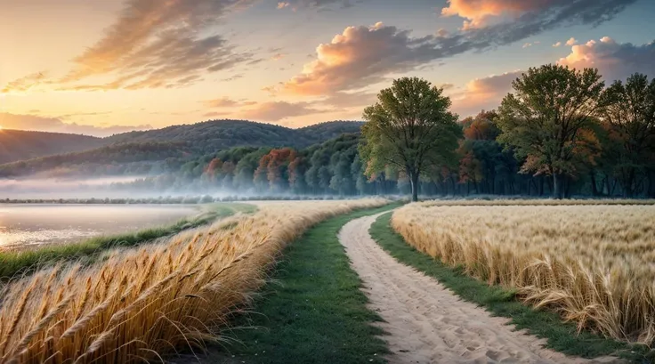 (analog photo:1.2),((sunrise:1.2),autumn landscape,sand path, big oak,small lake,(clouds sky hdr:1.3),(wheat field),(wooden fence),old village on hill,foggy,(masterpiece, top quality, best quality, official art,extreme detailed,highest detailed), (natural colors, correct white balance, color correction, dehaze,clarity)),(midnight hour, high quality, film grain), (natural colors, correct white balance, color correction, dehaze,clarity)