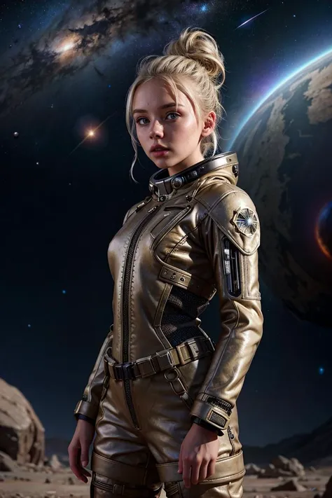 (photo RAW),a girl in a wasteland, blonde messy bun, explorer suit, alien planet, space, starfield, ???, Alpine Meadow,masterpiece, top quality, best quality, official art,intricate detailed,highest detailed,depth of field,bokeh,realistic natural lighting,complex, multiple subjects, 4k HDR, ,(skin texture)