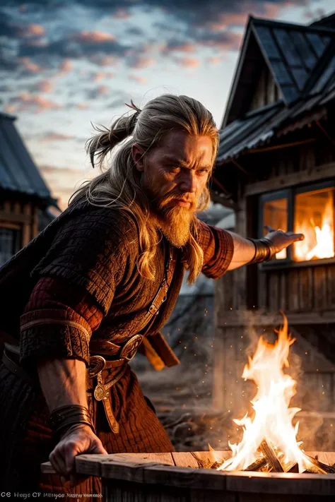 (photo RAW),a close up angry old viking, action fighting battle on wooden fired village outdoor, flame, dust foggy smoke,(sky clouds,hdr),,masterpiece, top quality, best quality, official art,highest detailed,depth of field,bokeh,realistic natural lighting,complex, multiple subjects, 4k HDR, (intricate details),(hyperdetailed:1.15),micro-contrast, sharp detail elements, <lora:add_detail:0.75> <lora:add_sharpness:0.15>