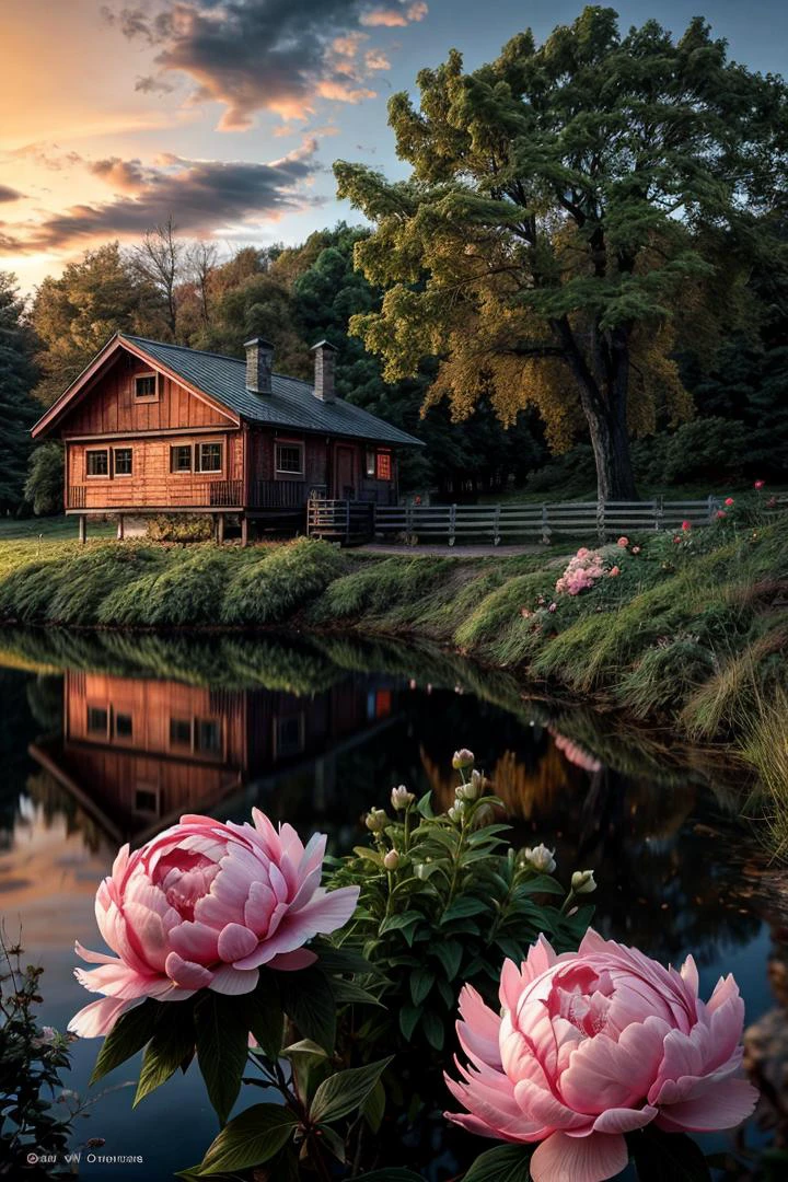 (photo RAW),evening, sunset, (blooming peonies in the foreground), lake, village, old wooden house, wooden fence, huge oak tree covered with moss, (sky clouds,hdr),<lora:add_detail:0.75> <lora:add_sharpness:0.35>,masterpiece, top quality, best quality, official art,highest detailed,depth of field,bokeh,realistic natural lighting,complex, multiple subjects, 4k HDR