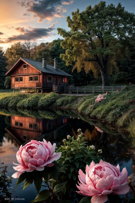 (photo RAW),evening, sunset, (blooming peonies in the foreground), lake, village, old wooden house, wooden fence, huge oak tree covered with moss, (sky clouds,hdr),<lora:add_detail:0.75> <lora:add_sharpness:0.35>,masterpiece, top quality, best quality, official art,highest detailed,depth of field,bokeh,realistic natural lighting,complex, multiple subjects, 4k HDR