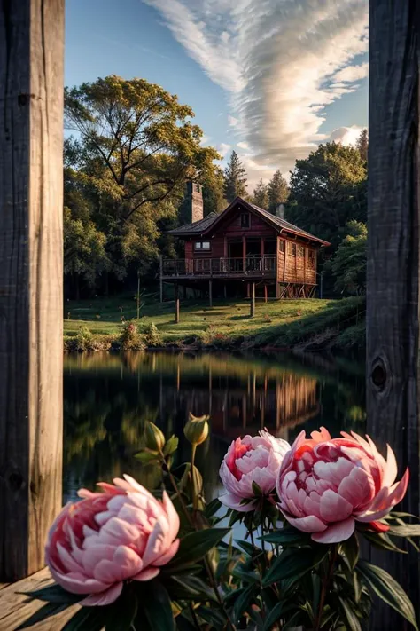 (photo RAW),evening, sunset, (blooming peonies in the foreground), lake, village, old wooden house, wooden fence, huge oak tree covered with moss, (sky clouds,hdr),<lora:add_detail:0.75> <lora:add_sharpness:0.15>,masterpiece, top quality, best quality, official art,highest detailed,depth of field,bokeh,realistic natural lighting,complex, multiple subjects, 4k HDR, (intricate details:1.12), hdr, (intricate details, hyperdetailed:1.15)