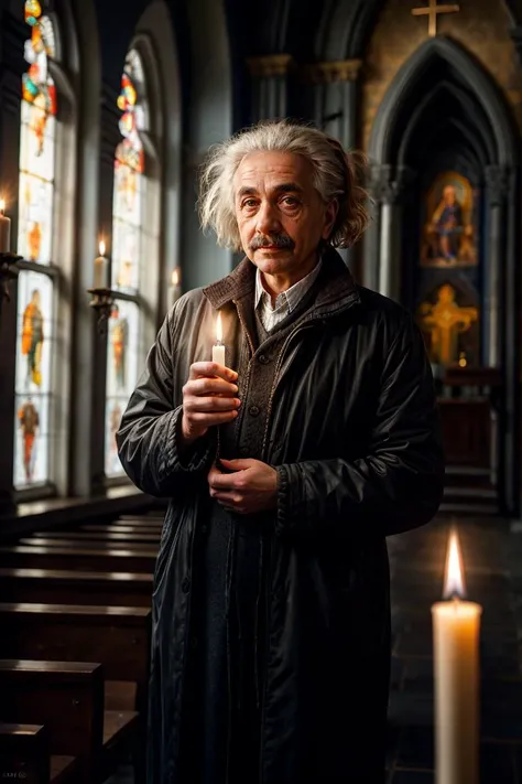 (photo RAW),Albert Einstein stands in an Orthodox church, holding a thin candle in his hand,masterpiece, top quality, best quality, official art,highest detailed,depth of field,bokeh,realistic natural lighting,complex, multiple subjects, 4k HDR, (intricate details),(hyperdetailed:1.15),micro-contrast, sharp detail elements, <lora:add_detail:0.75> <lora:add_sharpness:0.15>