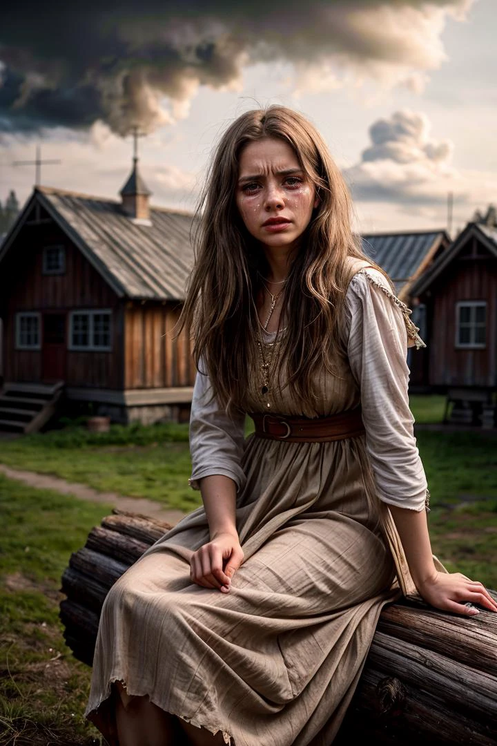 (photo RAW),(15th century),peasant sad woman in torn long ethnic dress crying, sitting on a log on wooden fired village outdoor, flame, dust foggy smoke,(sky clouds,hdr),,masterpiece, top quality, best quality, official art,highest detailed,depth of field,bokeh,realistic natural lighting,complex, multiple subjects, 4k HDR, (intricate details),(hyperdetailed:1.15),micro-contrast, sharp detail elements, <lora:add_detail:0.75> <lora:add_sharpness:0.15>, ,(skin texture)
