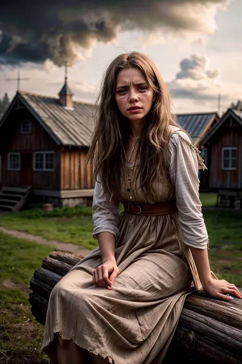(photo RAW),(15th century),peasant sad woman in torn long ethnic dress crying, sitting on a log on wooden fired village outdoor, flame, dust foggy smoke,(sky clouds,hdr),,masterpiece, top quality, best quality, official art,highest detailed,depth of field,bokeh,realistic natural lighting,complex, multiple subjects, 4k HDR, (intricate details),(hyperdetailed:1.15),micro-contrast, sharp detail elements, <lora:add_detail:0.75> <lora:add_sharpness:0.15>, ,(skin texture)