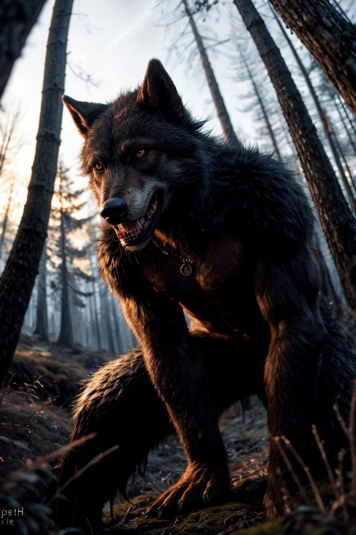 (photo RAW),a black fur werewolf is action fighting battle in (red moss) forest,claws, teeth,spalsh bloody,masterpiece, top quality, best quality, official art,highest detailed,depth of field,bokeh,realistic natural lighting,complex, multiple subjects, 4k HDR, (intricate details),(hyperdetailed:1.15),micro-contrast, sharp detail elements, <lora:add_detail:0.75> <lora:add_sharpness:0.15>, (16mm lens low wide-angle,(fish-eye:0.8)),(move noment)