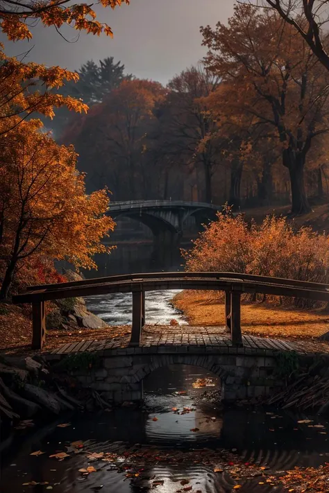 (photo RAW),(autumn,a bridge over a river with leaves on the ground:1.3),(abstract textured background:1.2),masterpiece, top quality, best quality, official art,highest detailed,depth of field,bokeh,atmospheric lighting, cinematic composition,complex multiple subjects, 4k HDR, (intricate details),(hyperdetailed:1.15),micro-contrast, sharp detail elements, <lora:add_detail:0.75> <lora:add_sharpness:0.15>, dusty atmospheric haze, high quality textures of materials, volumetric textures, coating textures, metal textures