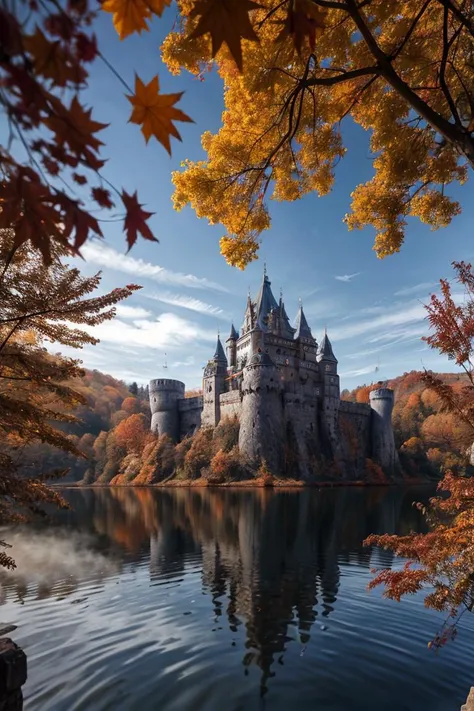 (photo RAW),(autumn,a castle on a lake:1.3),(abstract textured background:1.2),masterpiece, top quality, best quality, official art,highest detailed,depth of field,bokeh,atmospheric lighting, cinematic composition,complex multiple subjects, 4k HDR, (intricate details),(hyperdetailed:1.15),micro-contrast, sharp detail elements, <lora:add_detail:0.75> <lora:add_sharpness:0.15>, dusty atmospheric haze, high quality textures of materials, volumetric textures, coating textures, metal textures