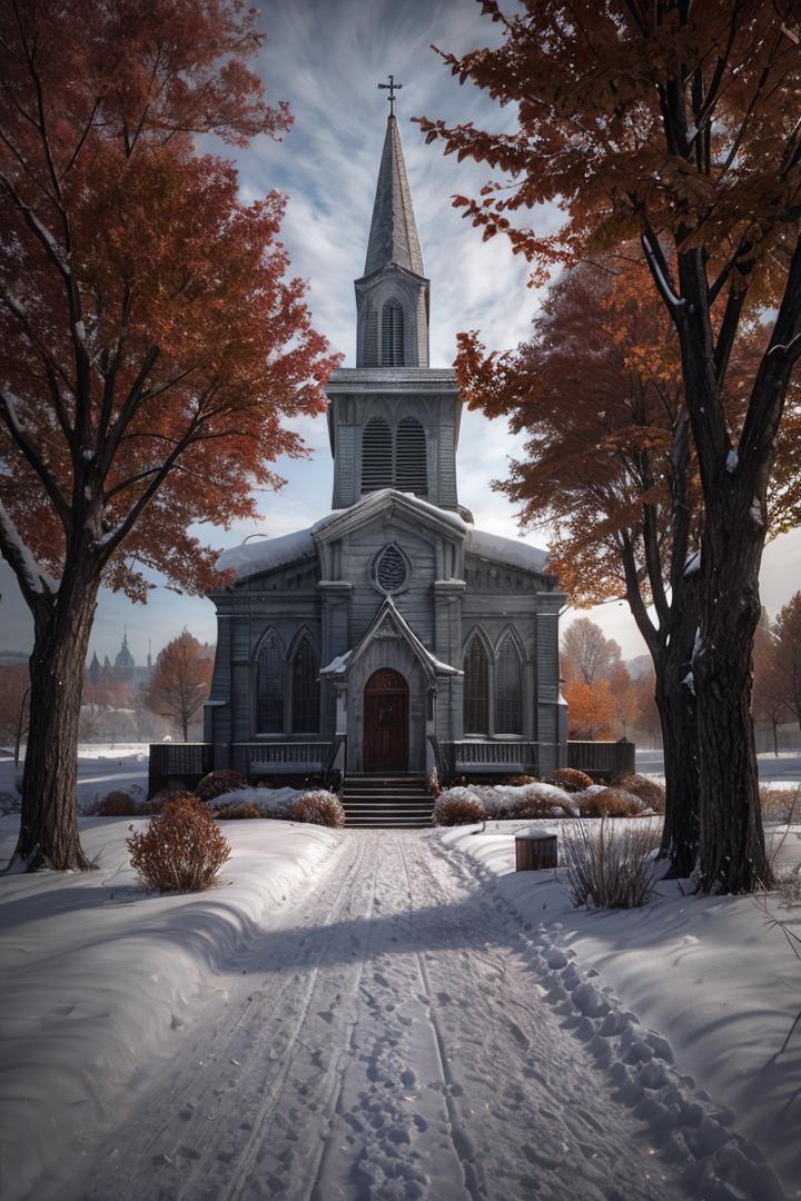 Arafed view of a church in the middle of a snowy field - SeaArt AI