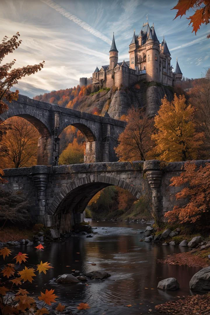 (photo RAW),(autumn,a stone bridge over a river with a castle in the background:1.3),(abstract textured background:1.2),masterpiece, top quality, best quality, official art,highest detailed,depth of field,bokeh,atmospheric lighting, cinematic composition,complex multiple subjects, 4k HDR, (intricate details),(hyperdetailed:1.15),micro-contrast, sharp detail elements, <lora:add_detail:0.75> <lora:add_sharpness:0.15>, dusty atmospheric haze, high quality textures of materials, volumetric textures, coating textures, metal textures