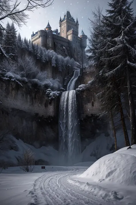 (photo RAW),(winter snow,snowstorm,a castle with a waterfall in front of it:1.3),(abstract textured background:1.2),masterpiece, top quality, best quality, official art,highest detailed,depth of field,bokeh,atmospheric lighting, cinematic composition,complex multiple subjects, 4k HDR, (intricate details),(hyperdetailed:1.15),micro-contrast, sharp detail elements, <lora:add_detail:0.75> <lora:add_sharpness:0.15>, dusty atmospheric haze, high quality textures of materials, volumetric textures, coating textures, metal textures