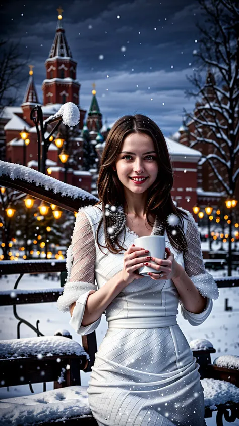 (dynamic pose:1.2),(dynamic camera),(photo RAW), (Winter night), (Snow),(a woman wearing a white dress:1.3), (Snowy night) (drinking a cup of coffee in a bench in a park in Russia in the middle of a winter night with the Kremlin as background),upper body, beautiful face, symmetrical body, smiling, (abstract textured background:1.2), ,(skin texture),masterpiece, top quality, best quality, official art,highest detailed,depth of field,bokeh,atmospheric lighting, cinematic composition,complex multiple subjects, 4k HDR, perfect hands