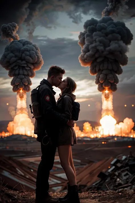 (photo RAW),married couple standing on a hill, last kiss, a postapocalyptic world , burning city, nuclear blast, new dawn,masterpiece, top quality, best quality, official art,highest detailed,depth of field,bokeh,composition,complex multiple subjects, 4k ,(HDR)