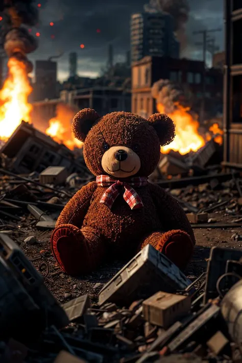 (photo RAW),dirty toys Teddy bear in the trash, a postapocalyptic world , burning city, nuclear blast, new dawn,masterpiece, top quality, best quality, official art,highest detailed,depth of field,bokeh,composition,complex multiple subjects, 4k ,(HDR), (intricate details),(hyperdetailed:1.15),micro-contrast, sharp detail elements, <lora:add_detail:0.75> <lora:add_sharpness:0.15>