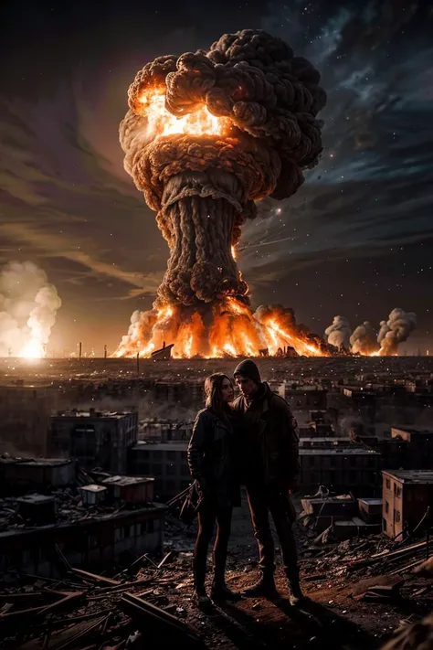 (photo RAW),a married couple stands on a hill and looks, a postapocalyptic world , burning city, nuclear blast, new dawn,masterpiece, top quality, best quality, official art,highest detailed,depth of field,bokeh,composition,complex multiple subjects, 4k ,(HDR), (intricate details),(hyperdetailed:1.15),micro-contrast, sharp detail elements, <lora:add_detail:0.75> <lora:add_sharpness:0.15>