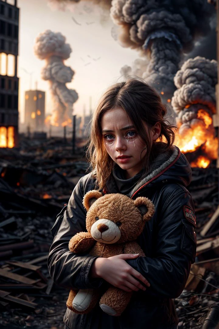 (photo RAW),crying girl holding a teddy bear in her hands, a postapocalyptic world , burning city, nuclear blast, new dawn,masterpiece, top quality, best quality, official art,highest detailed,depth of field,bokeh,composition,complex multiple subjects, 4k ,(HDR), (intricate details),(hyperdetailed:1.15),micro-contrast, sharp detail elements, <lora:add_detail:0.75> <lora:add_sharpness:0.15>