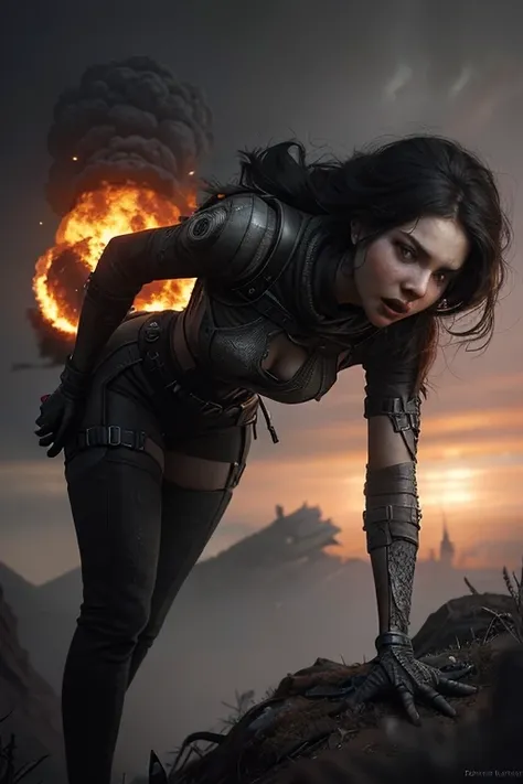(dynamic pose:1.2),(dynamic camera),(photo RAW),panic, fright, fear female woman on a hill looking down on a postapocalyptic world , burning city, nuclear blast, new dawn, ,shrouded in heavy mist, unsettling concept art by jeremy mann and Craig Mullins and Zdzisaw Beksiski,,masterpiece, top quality, best quality, official art,highest detailed,depth of field,bokeh,composition,complex multiple subjects, 4k ,(HDR), ,(skin texture), (intricate details),(hyperdetailed:1.15),micro-contrast, sharp detail elements, <lora:add_detail:0.75> <lora:add_sharpness:0.15>