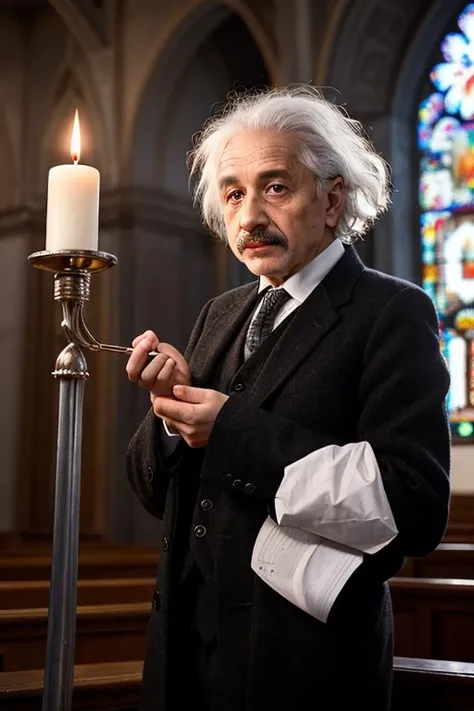 (photo RAW),Albert Einstein stands in an Orthodox church, holding a thin candle in his hand,masterpiece, top quality, best quality, official art,highest detailed,depth of field,bokeh,realistic natural lighting,complex, multiple subjects, 4k HDR, (intricate details),(hyperdetailed:1.15),micro-contrast, sharp detail elements, <lora:add_detail:0.75> <lora:add_sharpness:0.15>