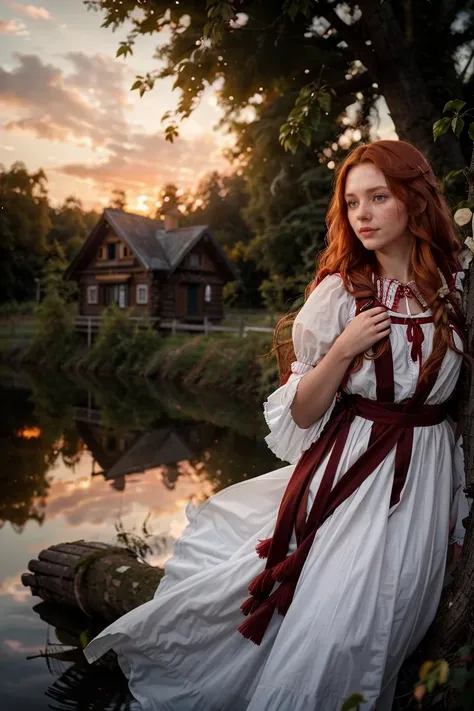 (analog photo:1.2),((dynamic pose:1.2),(dynamic camera),(a girl in a dress leaning on a tree branch, a storybook illustration inspired by Sophie Anderson, flickr, german romanticism, very long flowing red hair, red haired young woman, long flowing red hair,russian village,wooden house,(sunrays,sunset,sky clouds hdr:1.1))),(midnight hour, high quality, film grain), (natural colors, correct white balance, color correction, dehaze,clarity), ,(skin texture)
